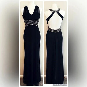 Betsy & Adam black maxi dress gold  sequin formal  open back wedding cocktail